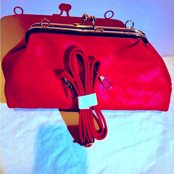 New Red Woven Leather Clutch with Gold Chain No Label